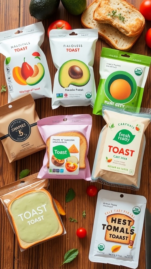 Various innovative toast packaging designs with vibrant graphics and eco-friendly materials on a rustic wooden table.